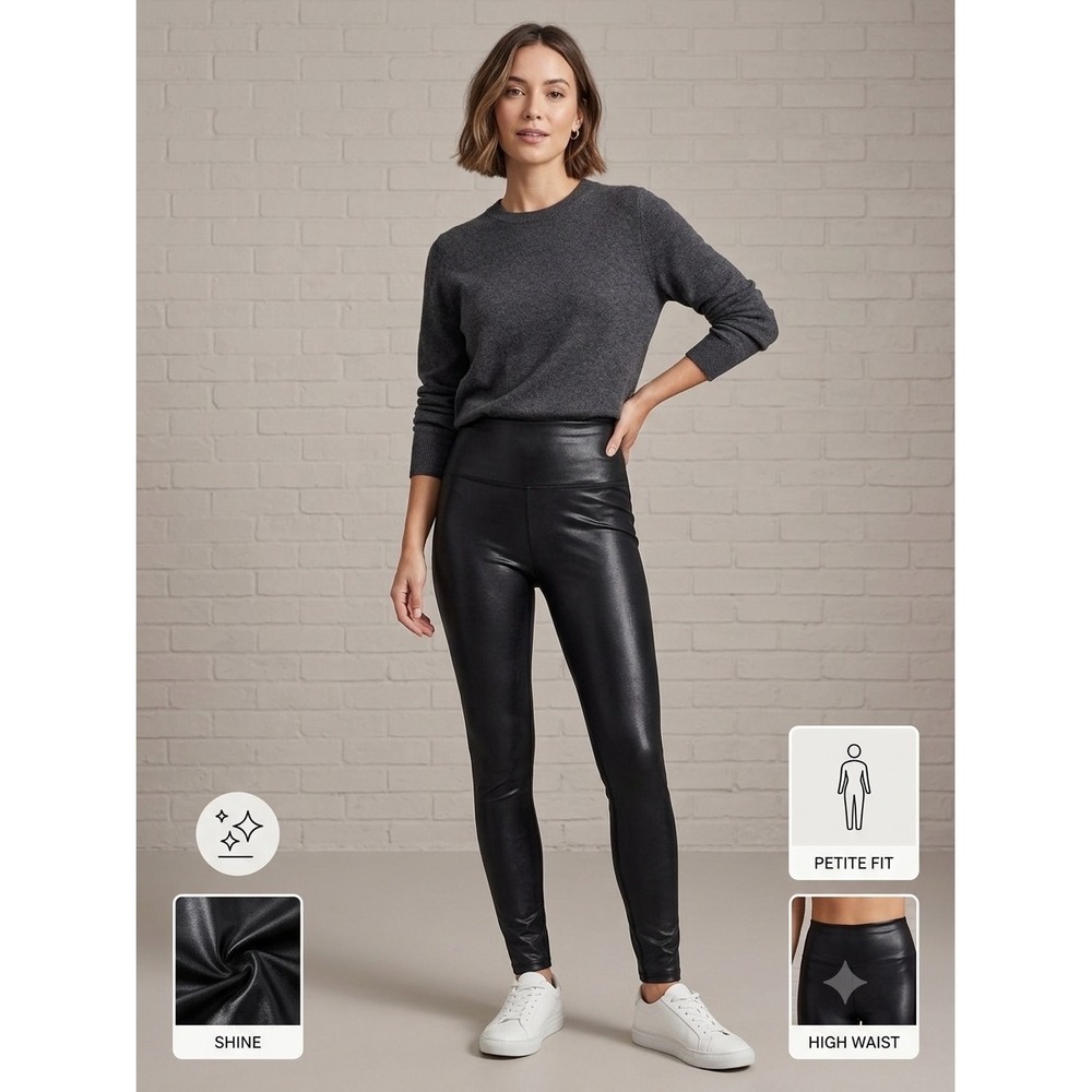 Spanx Faux Leather Leggings Black Medium Petite MP High Waisted Moto Biker Chic